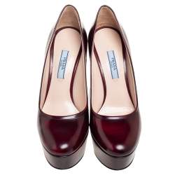 Pre Owned Prada Burgundy Leather Platform Block Heel Pumps Size 37