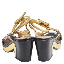 Pre Owned Prada Black/Gold Glossy Leather Fairy Block Heel Sandals Size 40.5