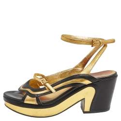 Pre Owned Prada Black/Gold Glossy Leather Fairy Block Heel Sandals Size 40.5
