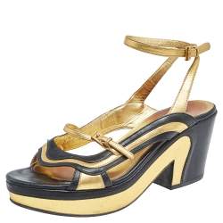 Pre Owned Prada Black/Gold Glossy Leather Fairy Block Heel Sandals Size 40.5