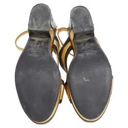 Pre Owned Prada Black/Gold Glossy Leather Fairy Block Heel Sandals Size 40.5
