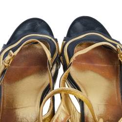 Pre Owned Prada Black/Gold Glossy Leather Fairy Block Heel Sandals Size 40.5