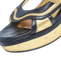 Pre Owned Prada Black/Gold Glossy Leather Fairy Block Heel Sandals Size 40.5