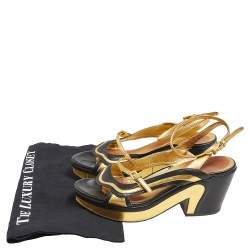 Pre Owned Prada Black/Gold Glossy Leather Fairy Block Heel Sandals Size 40.5