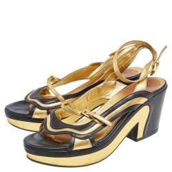 Pre Owned Prada Black/Gold Glossy Leather Fairy Block Heel Sandals Size 40.5