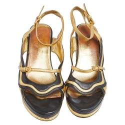 Pre Owned Prada Black/Gold Glossy Leather Fairy Block Heel Sandals Size 40.5