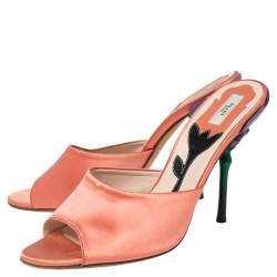 Pre Owned Prada Peach Pink Satin Flower Heel Slide Sandals Size 38