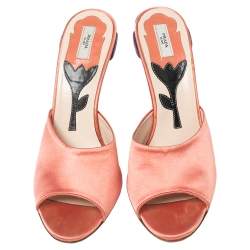 Pre Owned Prada Peach Pink Satin Flower Heel Slide Sandals Size 38