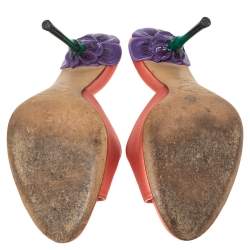 Pre Owned Prada Peach Pink Satin Flower Heel Slide Sandals Size 38