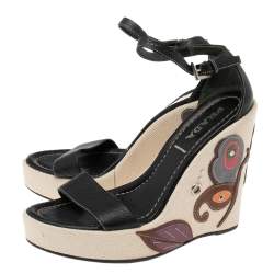 Pre Owned Prada Black Leather Wedge Platform Ankle Strap Sandals Size 37