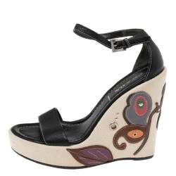 Pre Owned Prada Black Leather Wedge Platform Ankle Strap Sandals Size 37