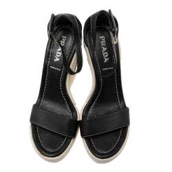 Pre Owned Prada Black Leather Wedge Platform Ankle Strap Sandals Size 37