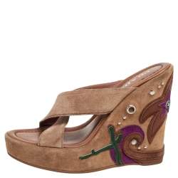 Prada Brown Suede Applique Wedge Platform Sandals Size 37