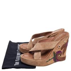 Prada Brown Suede Applique Wedge Platform Sandals Size 37