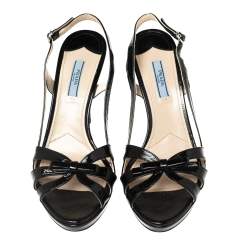 Pre Owned Prada Black Vernice Saffiano Leather Bow Open-Toe Slingback Sandals Size 40.5