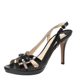 Pre Owned Prada Black Vernice Saffiano Leather Bow Open-Toe Slingback Sandals Size 40.5