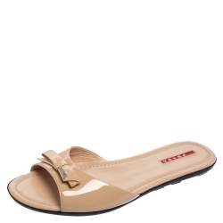 Pre Owned Prada Beige Patent Leather Bow Flat Slide Sandals Size 40