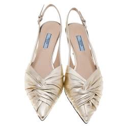 Pre Owned Prada Metallic Gold Pleated Leather Pointed Toe Slingback Sandals Size 41