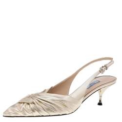 Pre Owned Prada Metallic Gold Pleated Leather Pointed Toe Slingback Sandals Size 41