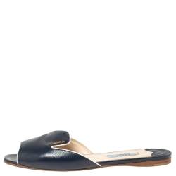 Pre Owned Prada Navy Blue Vernice Saffiano Leather Flat Slides Size 37