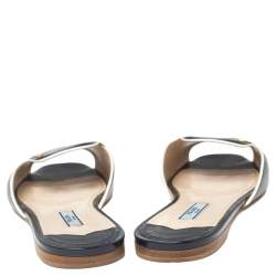 Pre Owned Prada Navy Blue Vernice Saffiano Leather Flat Slides Size 37