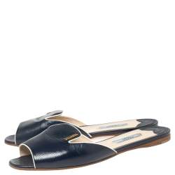 Pre Owned Prada Navy Blue Vernice Saffiano Leather Flat Slides Size 37