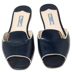 Pre Owned Prada Navy Blue Vernice Saffiano Leather Flat Slides Size 37
