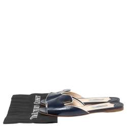 Pre Owned Prada Navy Blue Vernice Saffiano Leather Flat Slides Size 37
