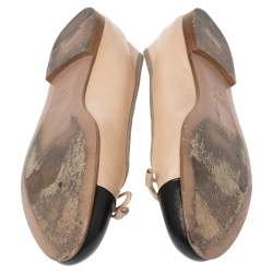Pre Owned Prada Beige/Black Leather Cap-Toe Bow Detail Ballet Flats Size 38.5