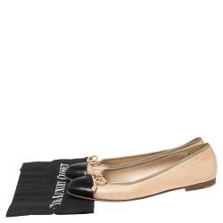Pre Owned Prada Beige/Black Leather Cap-Toe Bow Detail Ballet Flats Size 38.5