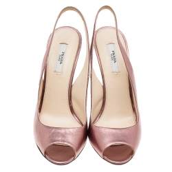 Prada Metallic Pink Leather Peep Toe Slingback Sandals Size 37.5