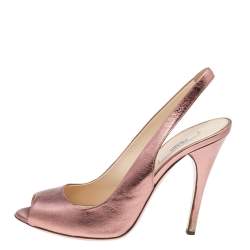 Prada Metallic Pink Leather Peep Toe Slingback Sandals Size 37.5