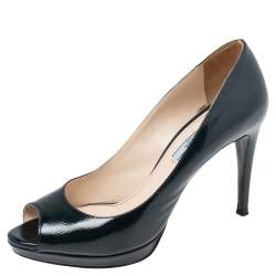 Pre Owned Prada Navy Blue Patent Leather Peep Toe Pumps Size 37