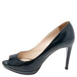 Pre Owned Prada Navy Blue Patent Leather Peep Toe Pumps Size 37