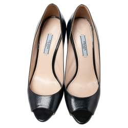 Pre Owned Prada Navy Blue Patent Leather Peep Toe Pumps Size 37