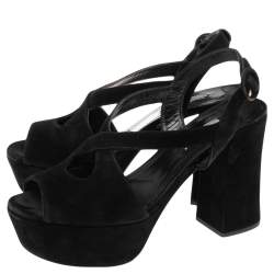 Pre Owned Prada Black Suede Ankle Strap Platform Block Heel Sandals Size 39