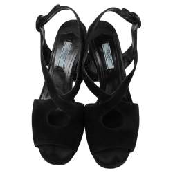 Pre Owned Prada Black Suede Ankle Strap Platform Block Heel Sandals Size 39