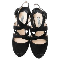 Prada Black Suede Platform Ankle Strap Sandals Size 39.5