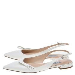 Pre Owned Prada White Patent Saffiano Leather Flat Slingback Sandals Size 37.5