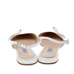 Pre Owned Prada White Patent Saffiano Leather Flat Slingback Sandals Size 37.5