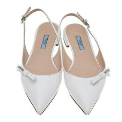 Pre Owned Prada White Patent Saffiano Leather Flat Slingback Sandals Size 37.5