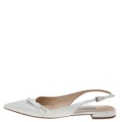 Pre Owned Prada White Patent Saffiano Leather Flat Slingback Sandals Size 37.5