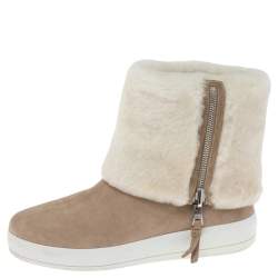 Pre Owned Prada Beige/White Suede and Shearling Fur Zip Mid Calf Boots Size 39.5
