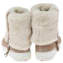 Pre Owned Prada Beige/White Suede and Shearling Fur Zip Mid Calf Boots Size 39.5