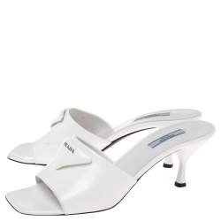 Prada White Leather Slide Logo Sandals Size 39.5