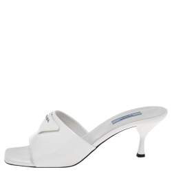 Prada White Leather Slide Logo Sandals Size 39.5