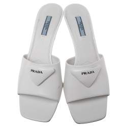 Prada White Leather Slide Logo Sandals Size 39.5