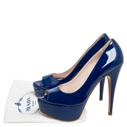 Pre Owned Prada Navy Blue Patent Leather Peep-Toe Platform Pumps Size 38.5