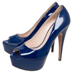 Pre Owned Prada Navy Blue Patent Leather Peep-Toe Platform Pumps Size 38.5