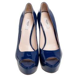 Pre Owned Prada Navy Blue Patent Leather Peep-Toe Platform Pumps Size 38.5